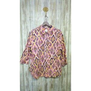 Chico's No Iron 100% Linen Button Front Top Button Back Southwestern Ikat Large